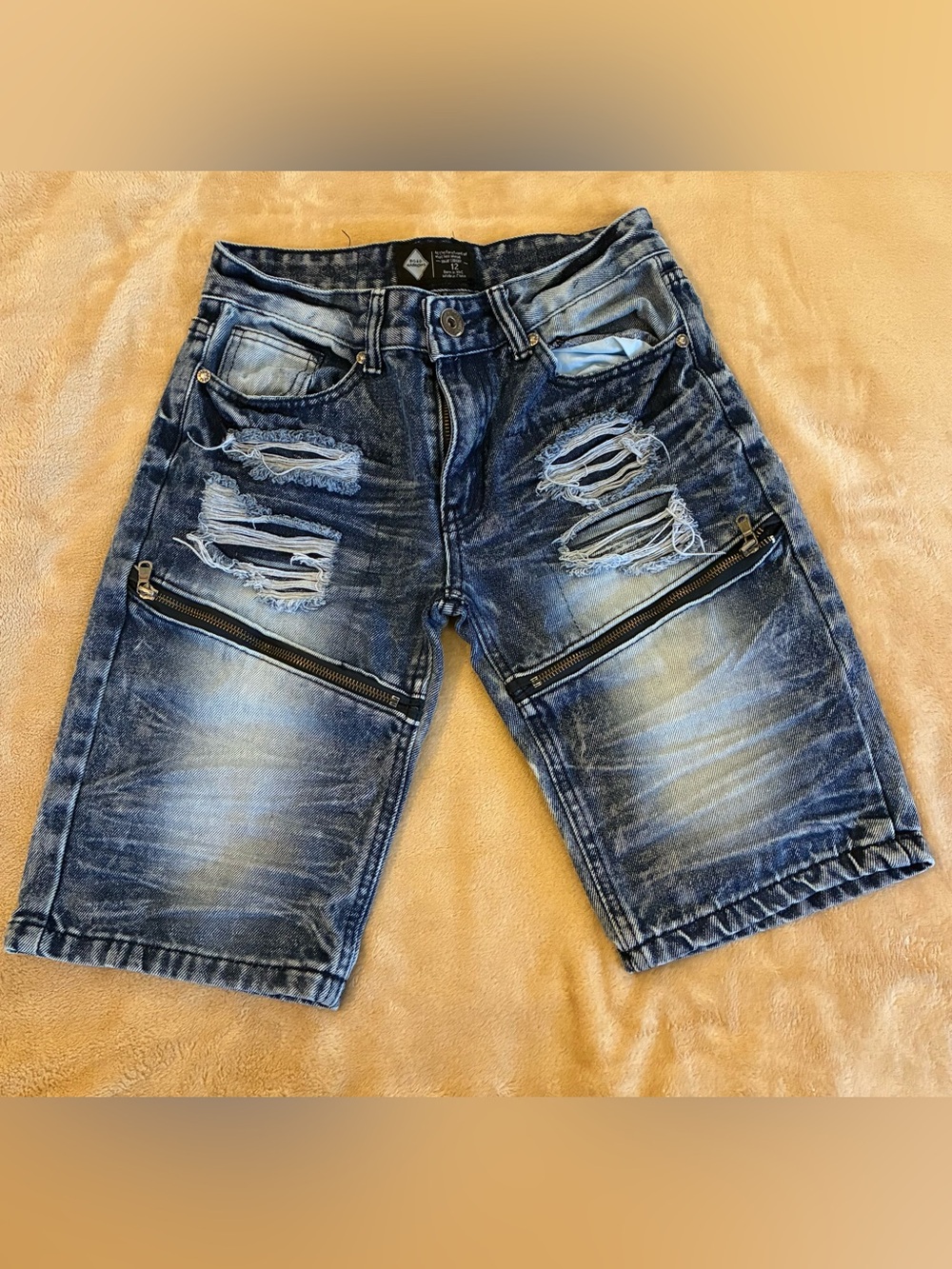 Boys Youth Road Narrows Brand Distressed Blue Denim Shorts/ Zip Detail Size 12